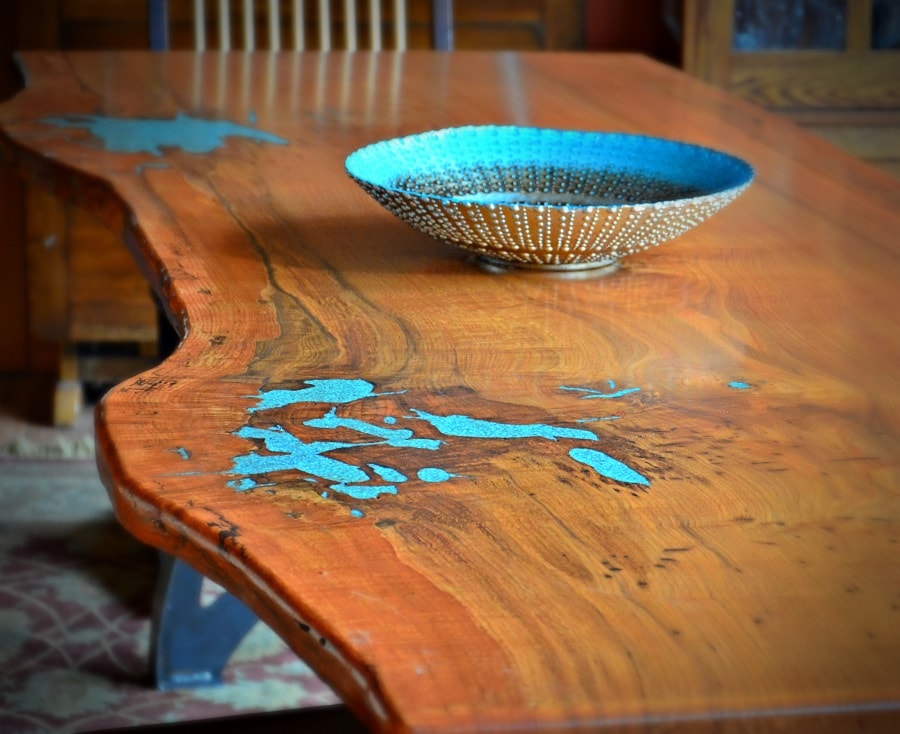 White Oak Dining Table With Turquoise Inlay